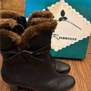 Ros Rhommerson Black leather Heeled Boots with Brown Faux Fur Trim